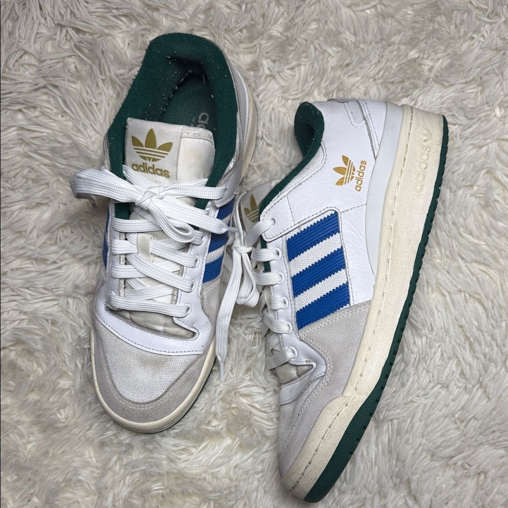 Adidas White and Blue Shoes with Gold Logo